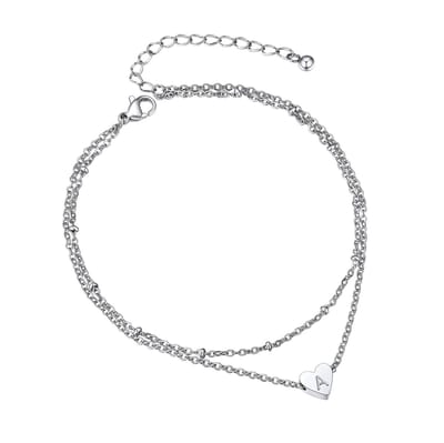 ONF3 - Enkelband - Dubbellaags - Roestvrij staal - Zilverkleurig - Hartletter - Geschikt voor dames en meisjes - 21 cm + 5 cm
