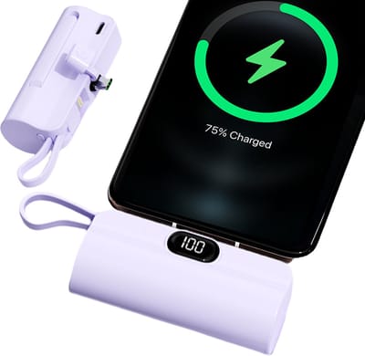 ISHIVA® Mini Powerbank 5000 mAh - Powerbank USB C - Kleine Powerbank met LED Display - 2 jaar Garantie - Paars