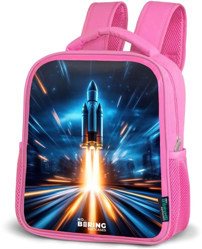 NoBoringSuitcases.com® - Rugzak roze - Schooltas meisjes - Ruimteraket stijgt op in nachtelijk lichtspektakel - Kinder rugtas meisje - Boekentas kind - Kinderrugzak voor school - Schoolrugzak