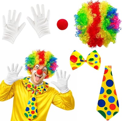 Set van 5 kleurrijke clownaccessoires voor volwassenen - Periode kostuum met pruik, neus, handschoenen en strik voor Halloween en feestjes
