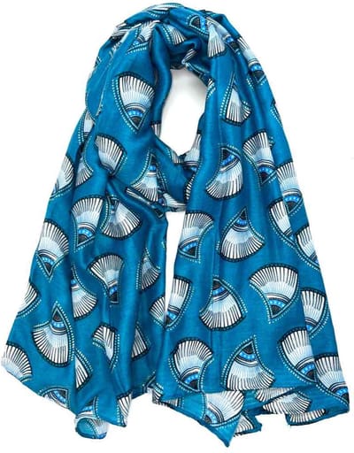 Lange dames sjaal Annie fantasiemotief schelpenmotief turquoise blauw wit zwart goud