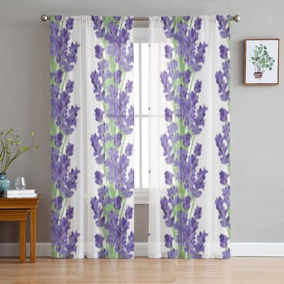 Lavendelbloemen Luxe chiffon pure gordijnen voor woonkamer slaapkamer decoratie raam voiles tule gordijn 135W x 114H(cm) white
