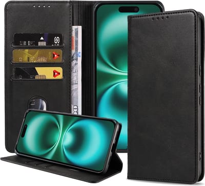 Smartphonica Telefoonhoesje geschikt voor iPhone 16 Plus kunstleren Hoesje met Magnetische sluiting en Pasjeshouders Book Case met Klepje - Zwart geschikt voor iPhone 16 Plus