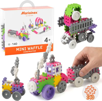 Marioinex Mini Waffle Constructor Roze bouwblokkenset, zachte blokken voor kinderen, veilig – 140 stuks
