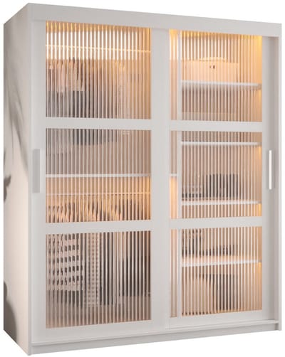 Zweefdeurkast Kledingkast met 2 schuifdeuren glanzen slaapkamerkast Kledingstang met planken Garderobekast met geribbeld glas - ARTON (150 cm, Wit)