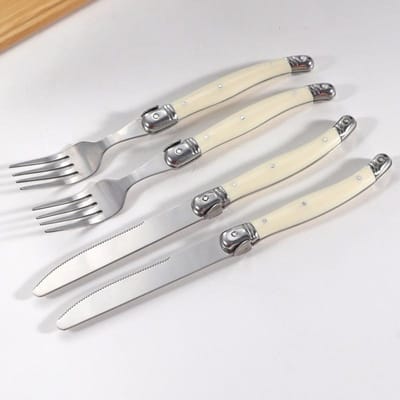 Ensemble de couverts de cuisine Laguiole en acier inoxydable, 4/6/24 pièces, couteaux à steak, fourchettes, cuillères à café, manche en plastique blanc ivoire