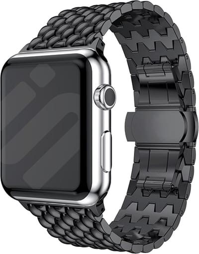 Strap-it Draken stalen band - Geschikt voor Apple Watch bandje - Series 1/2/3/4/5/6/7/8/9/10/11/SE/SE2/SE3 - Zwart - Metalen schakel band met draken patroon - RVS iWatch bandje voor maat: 38 / 40 / 41 / 42mm