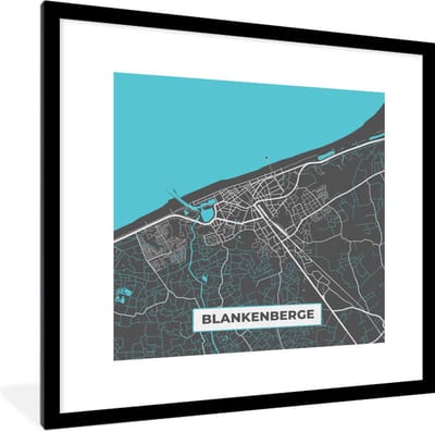 Fotolijst incl. Poster - België – Blankenberge – Stadskaart – Kaart – Blauw – Plattegrond - 40x40 cm - Posterlijst