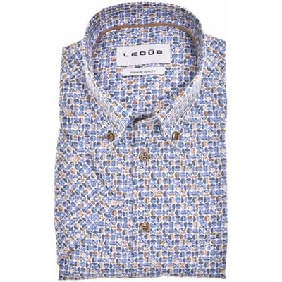 Ledub modern fit overhemd - korte mouw - popeline - blauw met wit en bruin dessin - Strijkvriendelijk - Boordmaat: 40 (EU maat: M)