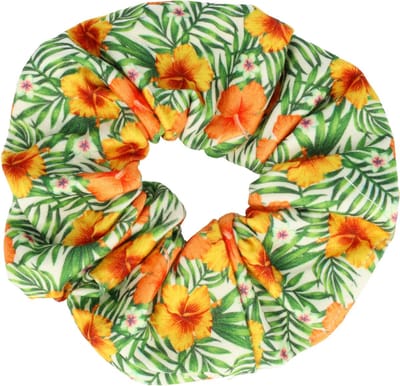 Haarsoires Haarelastiek Scrunchie – Bloemenprint – Gladde Stof – Oranje Geel Groen - Haarkrinkel - Haar Elastiek met Stof - Zacht & Haarvriendelijk