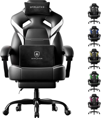 GTPLAYER - GamingStoel - 200kg met Voetensteun en Lenden Hoofdkussen - Wit-zwart