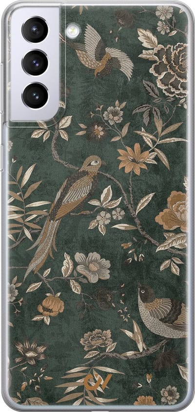 Hoesje geschikt voor Samsung Galaxy S21 Plus hoesje - Khaki Golden Flowers - - Groen - - Casevibes