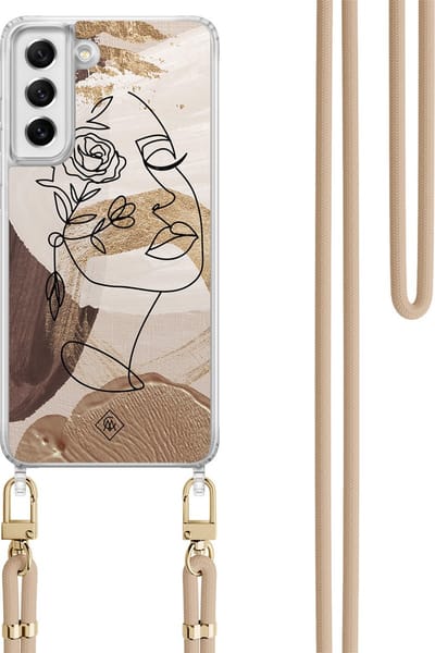 Casimoda® hoesje met koord - Geschikt voor Samsung S21 FE - Abstract Gezicht Bruin - Afneembaar koord - TPU/polycarbonaat - Bruin/beige