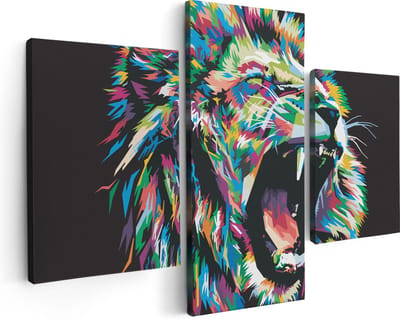Artaza Canvas Schilderij Drieluik Gekleurde Leeuw - Leeuwenkop - Abstract - 90x60 - Foto Op Canvas - Canvas Print