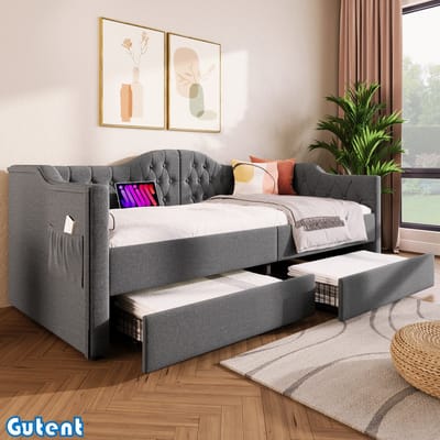 Gutent Slaapbank - met Oplaadfunctie - 2 laden - 90x200 cm - Grijs linnen (Matras niet inbegrepen)
