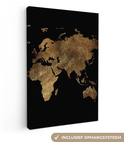 Canvas schilderij 20x30 cm - Wanddecoratie Wereldkaart - Goud - Luxe - Aarde - Zwart - Muurdecoratie woonkamer - Kamer decoratie accessoires - Schilderijen