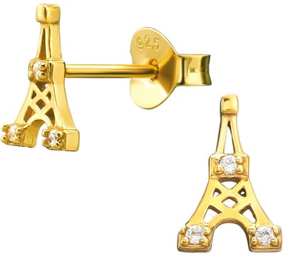 Joy|S - Zilveren eiffeltoren oorbellen - 5.5 x 8.5 mm - zirkonia - oorknoppen - gold plated