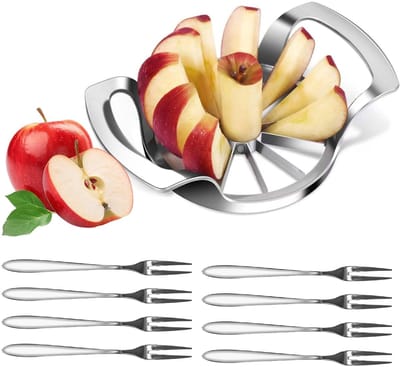 Dailygoods- Appelsnijder roestvrij staal - 12 Messen - 8 Fruitvorken - 18 x 12 cm - Zilver - Geschikt voor thuis/kantoor - Fruit Snijder