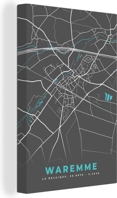 Canvas Schilderij Plattegrond – Waremme – Blauw – Stadskaart - Kaart - 20x30 cm - Wanddecoratie