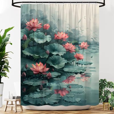Lotus Shower Curtain Asian Chinese Japanese Oil Painting Green Leaves Elegant Floral Botanical Aesthetic Women Girls Bathroom W60H190(CM)-1 Pcs