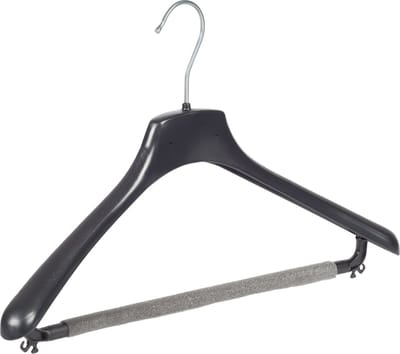 De Kledinghanger Gigant - Mantelhanger - Kostuumhanger - Jassenhanger - Volwassenen - FR42 - 50 Stuks - Kunststof - Zwart - Gebogen Model - Schouderverbreding 3,3 cm - Broeklat met Schuim - 42 cm - Kledinghanger - Kleerhanger - FR-Serie