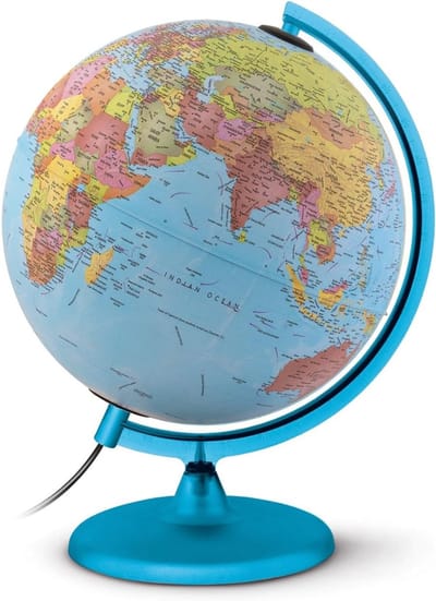 TIM® Wereldbol met Verlichting - Globe - Wereldbol Kinderen - 25cm diameter - met houten voet - Blauw- 26cm x 27cm x 28cm