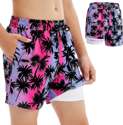 Zwemshorts voor jongens met compressievoering en zakken, sneldrogend 2-in-1 badshorts met elastische tailleband voor strand en raften, geschikt voor kinderen van 7-13 jaar
