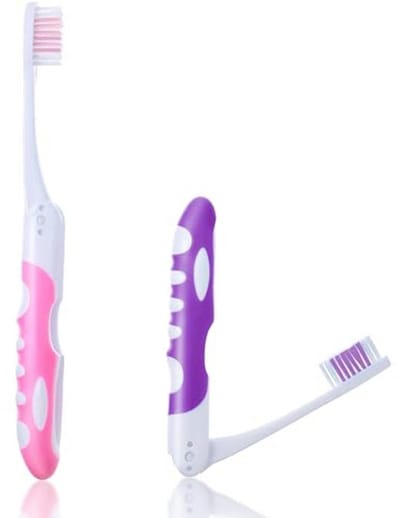 Opvouwbare reistandenborstel set voor volwassenen - Draagbare tandenborstels voor camping en reizen, roze en paars