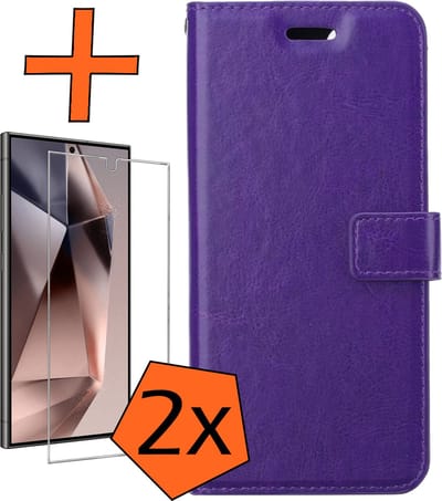 Hoes - Met 2x Screenprotector - Geschikt voor Samsung Galaxy S24 Ultra - Luxe Pasjeshouder - Bookcase Portemonee - Flip Case - Kunstleer Book Case - Flipcase Hoes - Book Cover - Walletcase - PortemonneeHoes - Paars