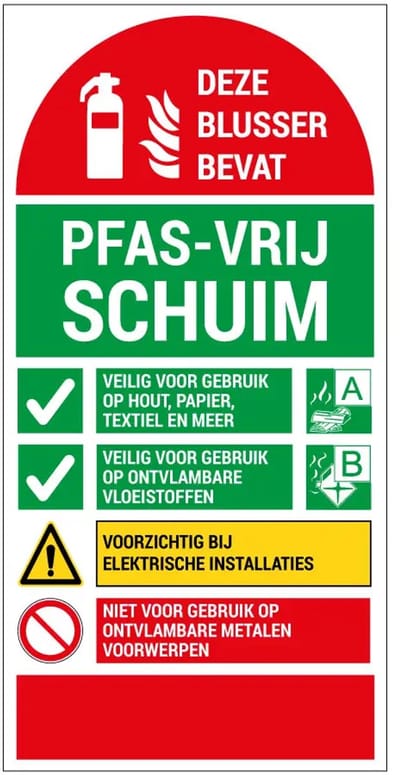 Deze blusser bevat PFAS vrij schuim sticker | 20 x 10 cm