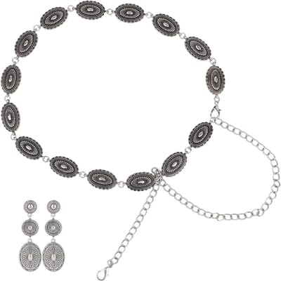 Concho Belt voor Dames en Vintage Cowgirl Oorbellen Set - Verstelbare Ketting en Retro Denim Boho Cowboy Accessoires voor Country Concert Outfit