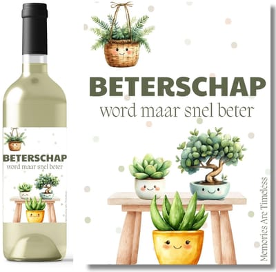 Wijnetiket beterschap - Beterschap wordt maar snel beter - planten met smileys