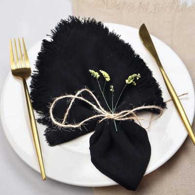 Stoffen Servetten - Katoen Linnen - Tafel Decoratie - Handgemaakt met Franje - Set van 12 - Zwart
