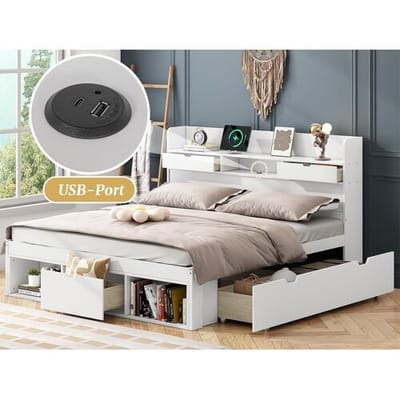 ModernLuxe Houten volwassenenbed 140x200 cm - met oplaadpoort en multifunctionele opbergruimte - Wit
