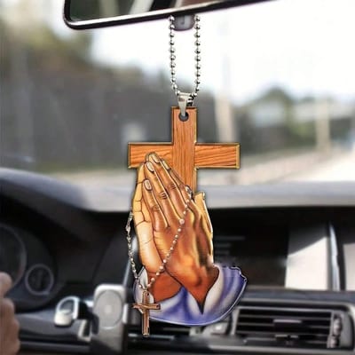 Platte transparante gebedshand en kruis zelfhangend ornament met ketting, delicaat amulet voor autospiegel en cadeau veelkleurige kleur