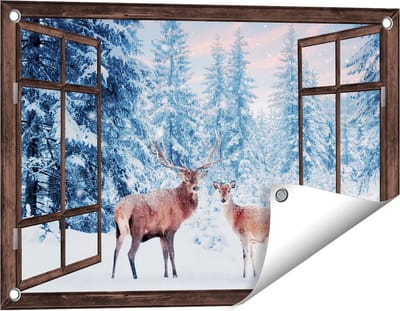 Gards Tuinposter Doorkijk Twee Herten in het Bos met Sneeuw - 60x40 cm - Tuindoek - Tuindecoratie - Wanddecoratie buiten - Tuinschilderij