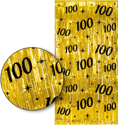 LUQ – 100 Jaar Franjes Gordijn – Goud & Zwart Tinsel Curtain 2x1 m – Luxe feestdecoratie voor verjaardag/birthday party.