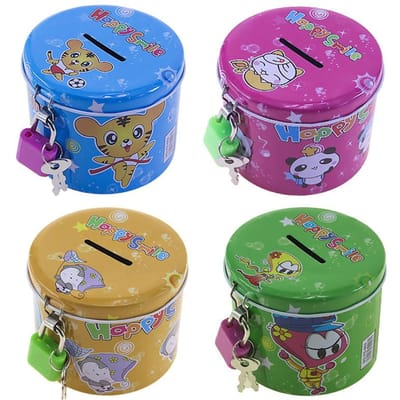 Leuke Cartoon Vierkante Blikken Metalen Spaarpot Sparen Contant Geld Munt Spaarbus Kinderspeelgoed Kinderen Verjaardagscadeaus 4 Kleuren Met Slot/Sleutel blue