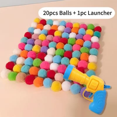 Leuke doe-het-zelf interactieve kat/hond pluche poppenwerper set, indoor trainingspoppenpistool kit, stille hoge elasticiteit vachtbal blaster 20 Plush Balls + 1 Toy Gun