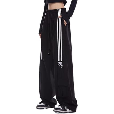 Retro Sportieve Casual Broek met Drie Strepen en Hoge Taille voor Dames voor Herfst en Winter Losse Wijde Pijpen Veelzijdig Rechte Werkbroek L black
