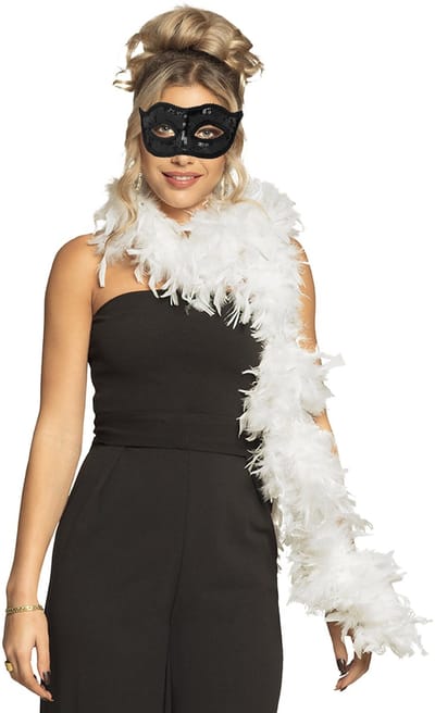 Boland Venetiaans oogmasker in het zwart - Met dikke veren Boa in het wit - 180 cm - Dames - Carnaval