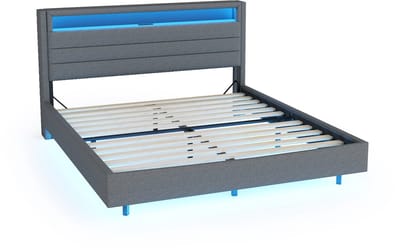 Gestoffeerd bed van 160x200 cm met USB-poort en ledverlichting, opklapbaar hoofdeinde, verborgen voeteinde, stapelbed, kinderbed, volwassenenbed, grijze linnen stof.