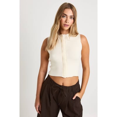 boohoo Dames Longline Verborgen Knoop Gebreid Vest | Cream | Maat: Small