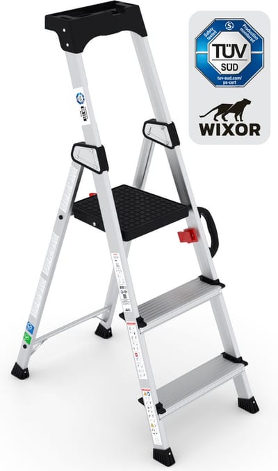 Wixor Trapladder Handyman | Huishoudtrap 3 treden | Professionele trap | Enkel Oploopbare trap | Keukentrap | Trapladder | Tuv-gecertificeerd | EN131