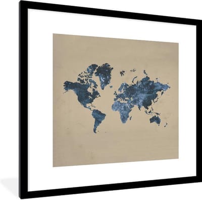 Poster in lijst - Fotolijst 40x40 cm - Posters - Wereldkaart - Blauw - Glitter - Posterlijst zwart - Decoratie - Wanddecoratie woonkamer - Muurdecoratie slaapkamer