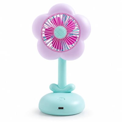 Schattige Bloem Bureauventilator - Stille Tafelventilator met Ingebouwd Nachtlampje - Compacte Luchtcirculator met 2 Snelheden - Kleine Ventilator voor Slaapkamer, Kantoor en Kinderkamer - Roze/Wit