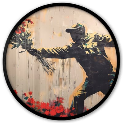 Poster in lijst Rond - Fotolijst 40x40 cm - Posters - Street art - Man - Bloemen - Graffiti - Banksy Style - Ronde posterlijst zwart - Decoratie - Wanddecoratie woonkamer - Muurdecoratie slaapkamer