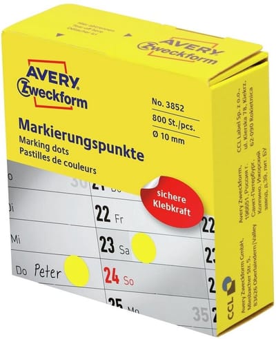 Avery-Zweckform 3852 Etiketten Voor Markeringspunten Diameter 10 Mm Geel 800 Stuks Permanent Papier