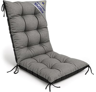 Tuinstoelkussens Hoge Rug 50x120 cm - Kussens voor Tuinstoelen & Standenstoel Terrasstoel Grijs Eco linnen Stoelkussens Tuin Zitkussen Extra Dik 10 cm met Bindlinten