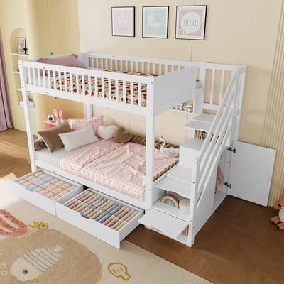 Komhtom Stapelbed (zonder matras), kinderbed, met lade, plank, kast, opbergvak, 90 x 200 cm, wit